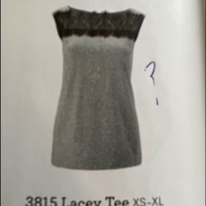 Cabi Lacey tee. Gray with black lace across upper chest. Sleeveless